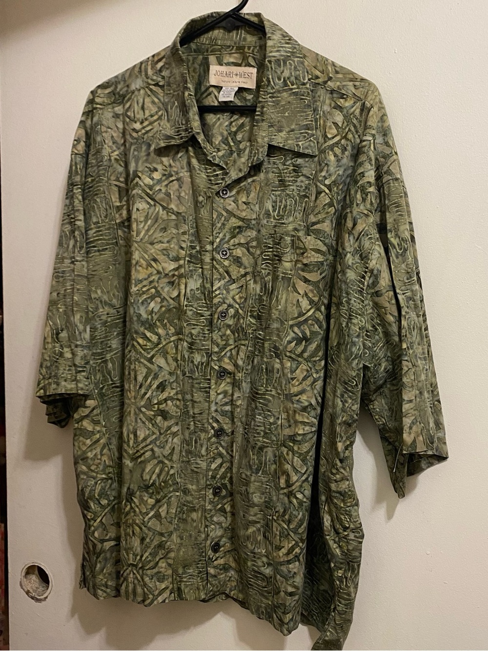 Johari West Mens 4XL 62” Shirt Button Down Batik Tropical Green Beige Print